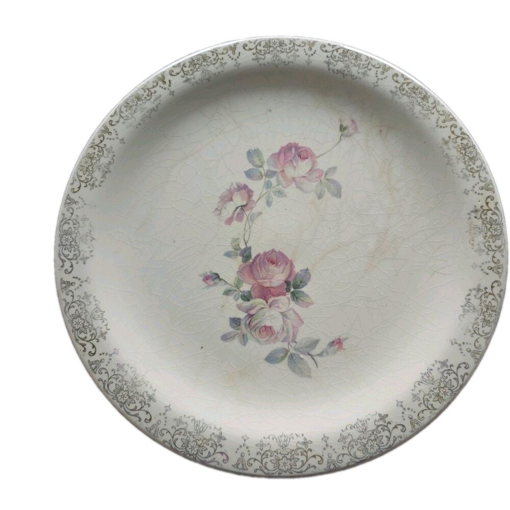 Crocksville China Co. 743 Floral Rose Plate White Pink Green Gold Rim USA